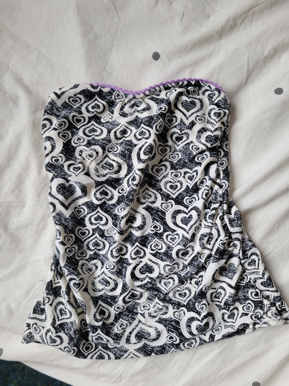 Roxy Black & White Heart Strapless Top with Purple Trim
